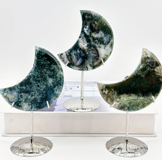 Agate moon on display stand