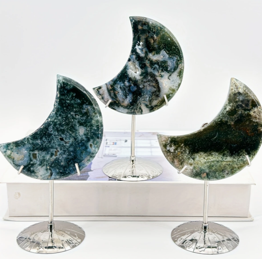 Agate moon on display stand